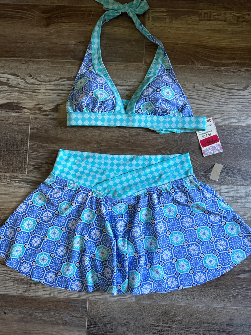 Women’s Aqua Tile Print Halter Bikini Top with Matching Swim Skirt